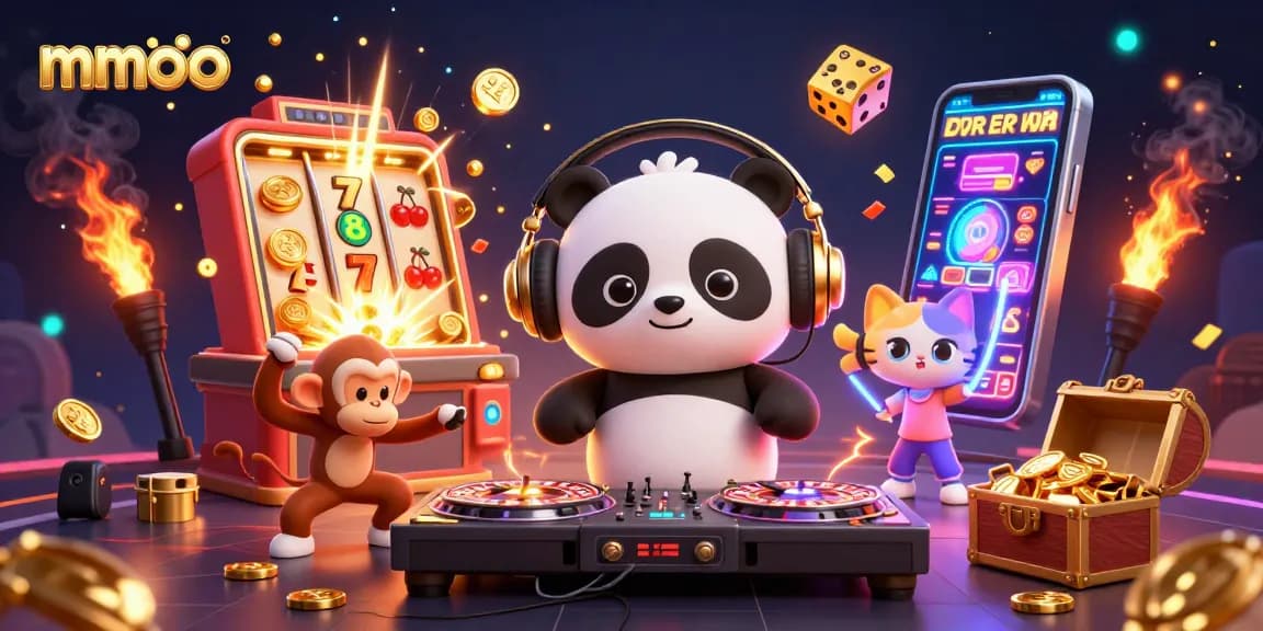 Join the fun at mmoo with a DJ panda and friends amidst a vibrant casino scene.