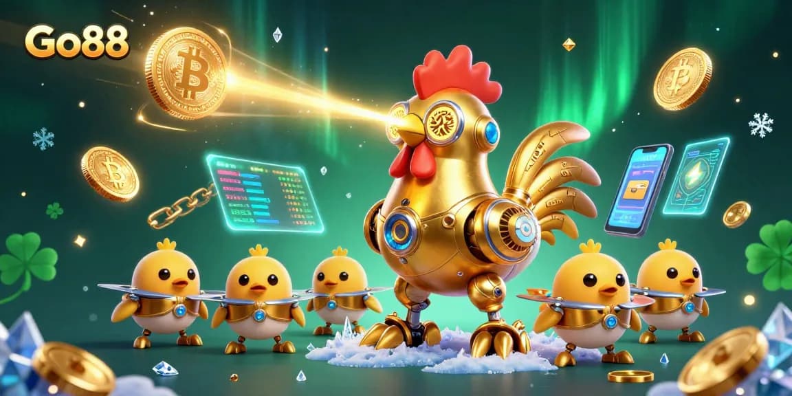 Engage in thrilling gameplay with Go88's vibrant golden rooster robot and crypto elements.