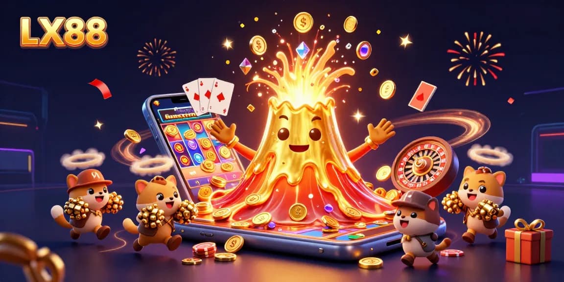 LX88 online casino features a 3D volcano erupting coins with explorers amidst slot games and poker action.