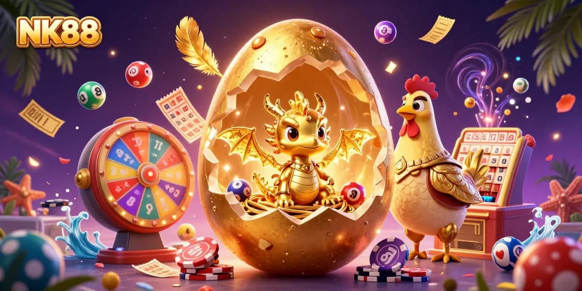 Experience thrilling gaming moments at NK88 with a golden dragon and vibrant casino elements.