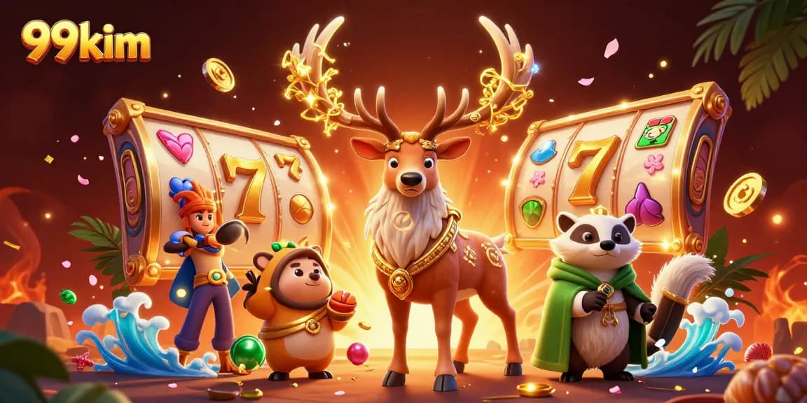 Engage with the vibrant world of 99kim, featuring a magical 3D casino scene combining slots and fantasy elements.
