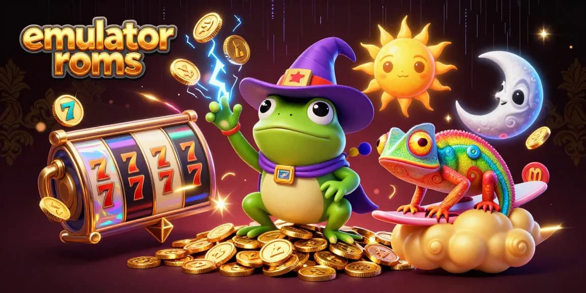Experience vibrant casino energy with emulator roms featuring a lively wizard frog and chameleon creating gold.