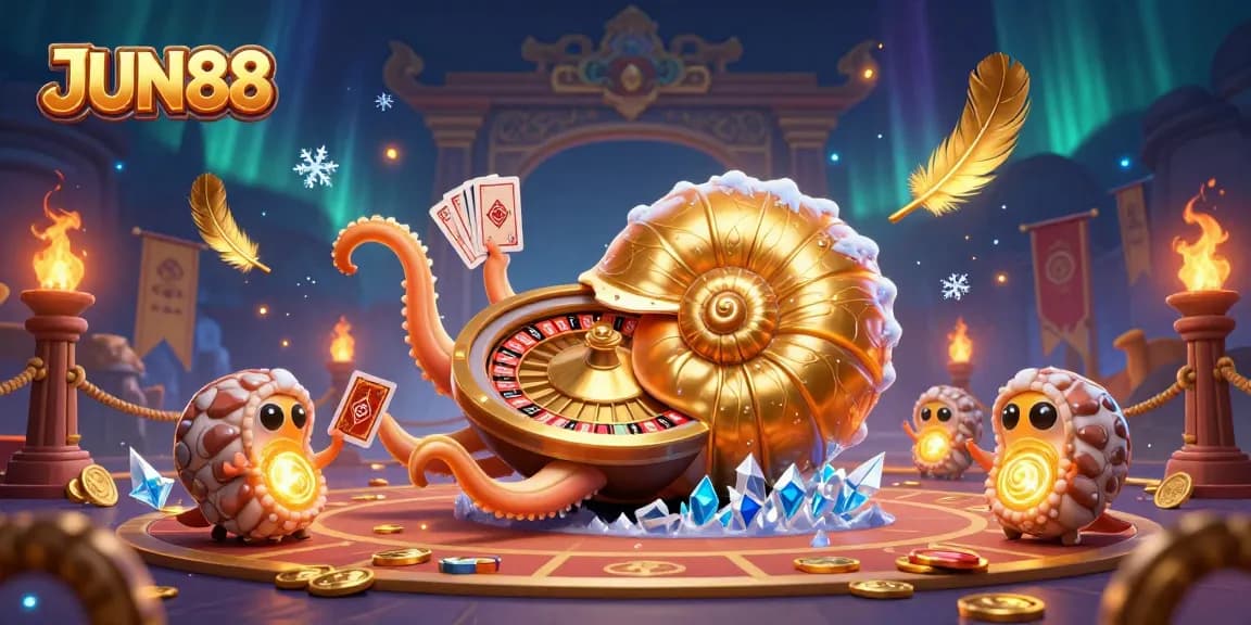 Experience thrilling gameplay with JUN88 in a vibrant, dynamic 3D casino illustration featuring a unique nautilus.