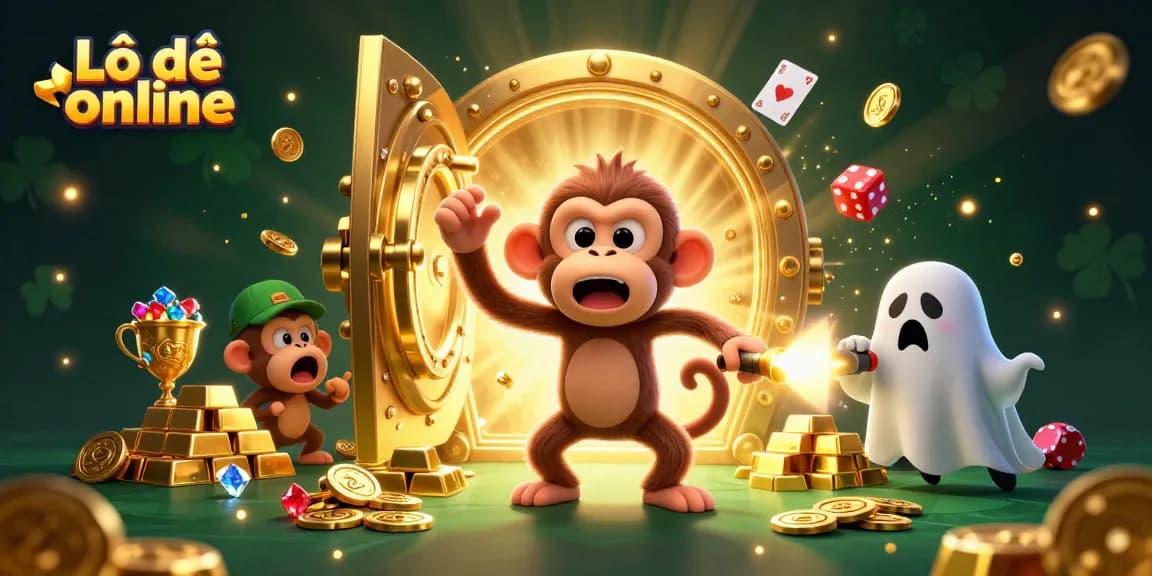 Play Lô đề online with a mischievous monkey ghost juggling gold while a curious puppy tracks it in an immersive casino.