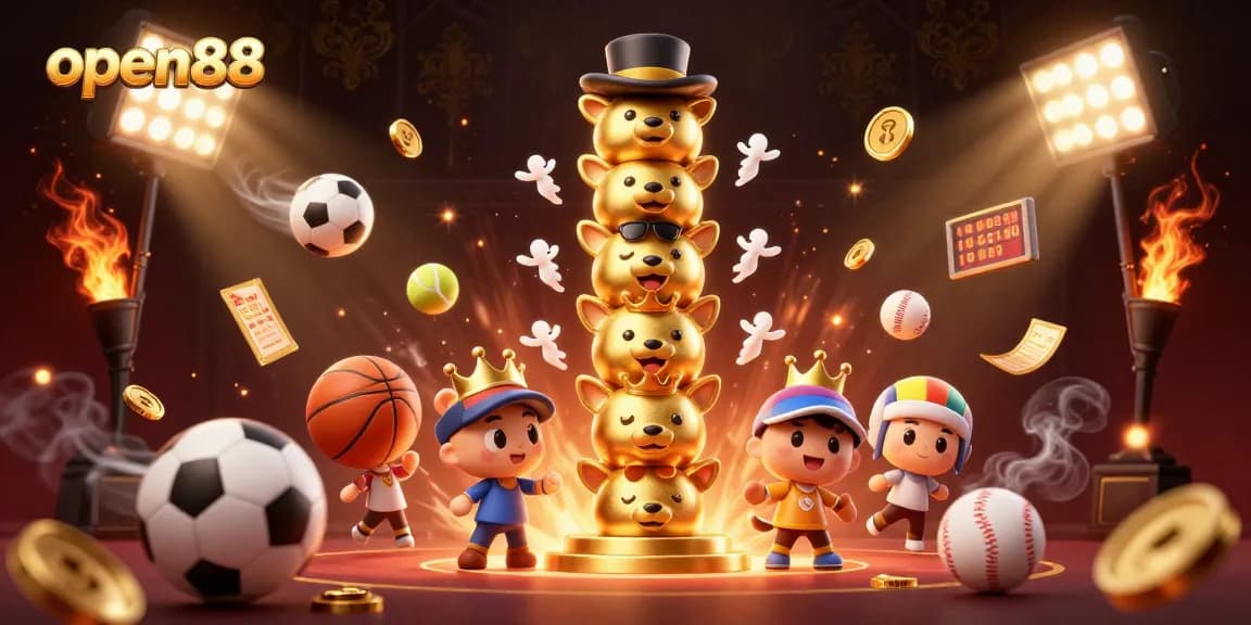 Experience the excitement of open88 with vibrant 3D casino elements in a dynamic scene filled with sports balls and wacky totem characters.