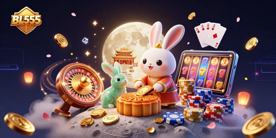 Join the fun at BL555's vibrant casino scene featuring a moon rabbit and gaming elements.