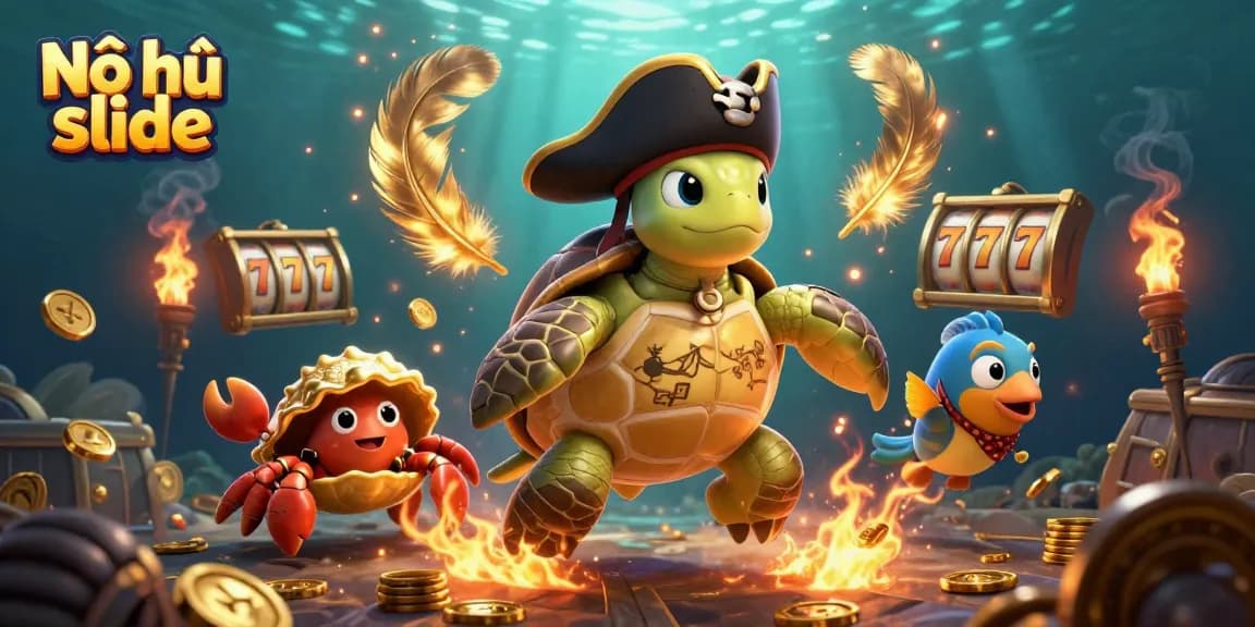 Nổ hũ slide game showcasing a 3D cartoon pirate turtle and friends in a casino scene filled with treasures and slot machine elements.