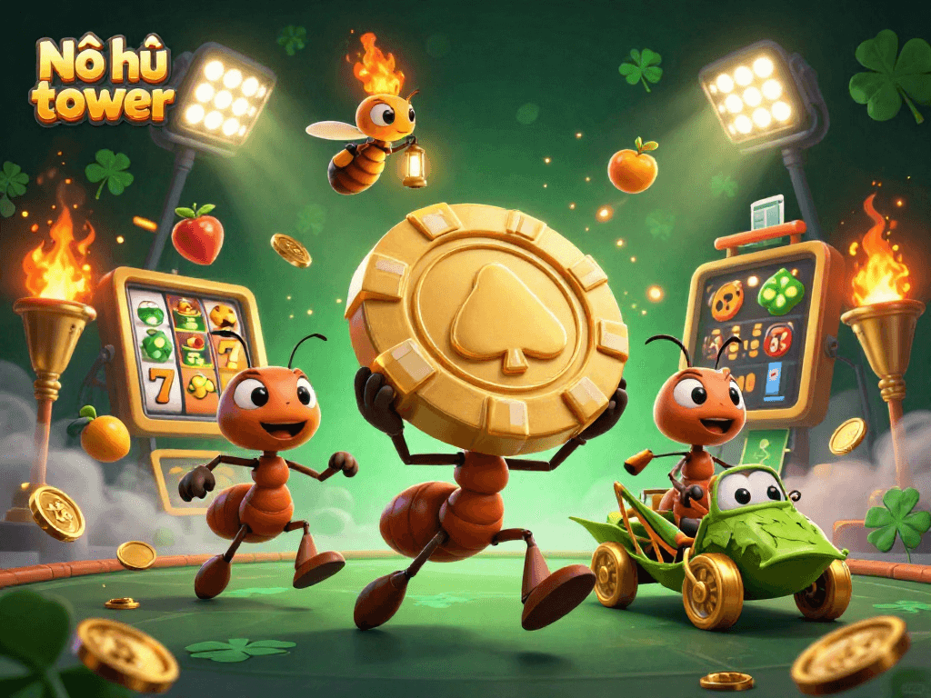 Nổ hũ tower offers thrilling jackpot excitement in a vibrant casino scene with animated slot elements.