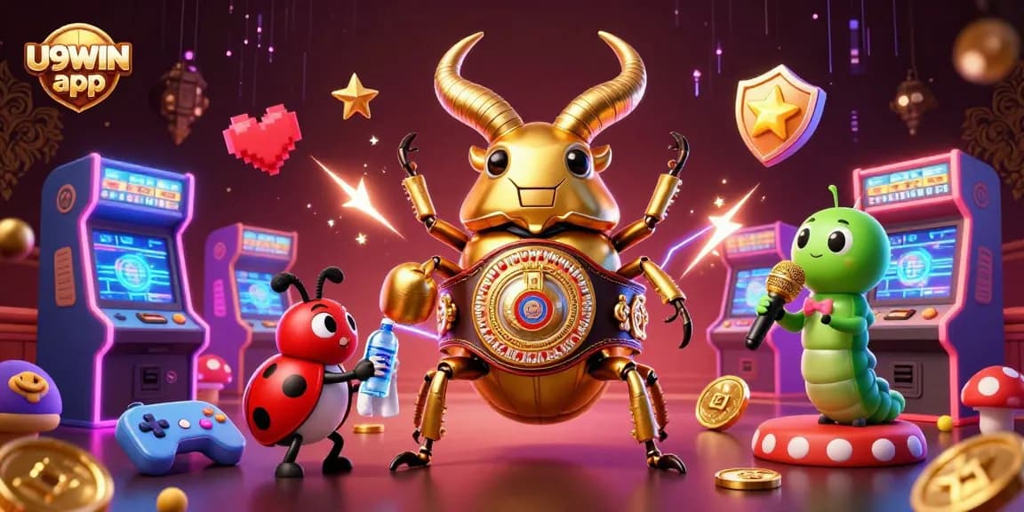 Engage with the U9WIN app in an ultra-detailed 3D casino illustration featuring vibrant gaming elements.