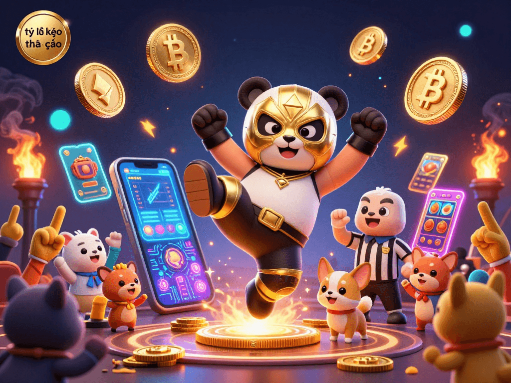 Engage with tỷ lệ kèo nhà cái as the cartoon panda wrestler takes action amidst vibrant slot game elements.