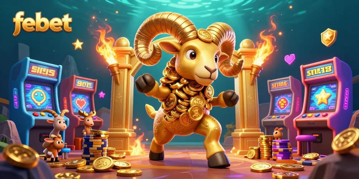 Experience the vibrant febet casino atmosphere with a golden ram charging through a gaming wonderland.