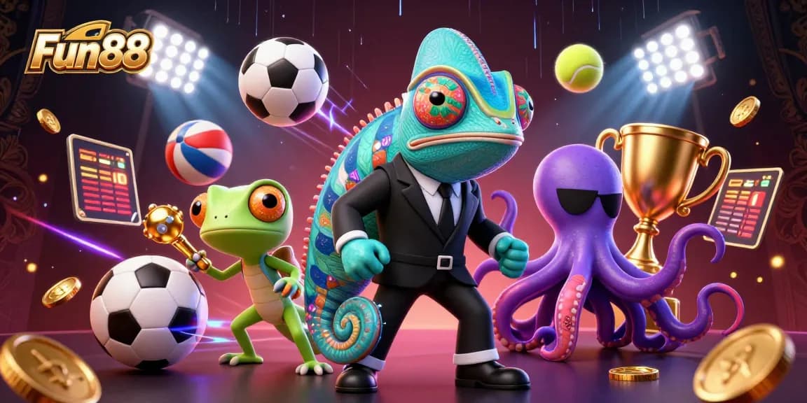 Engage with Fun88 as the chameleon agent, a tech-savvy gecko, and an octopus amidst dynamic betting action.