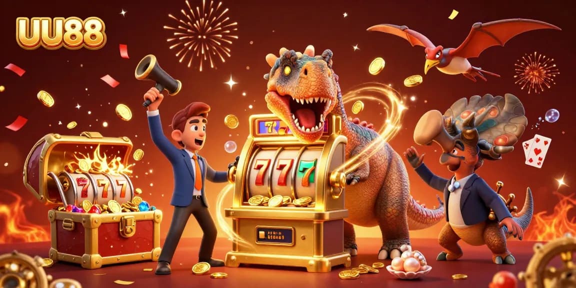 UU88 features a dinosaur headbutting a slot machine, surrounded by gold coins and casino elements.