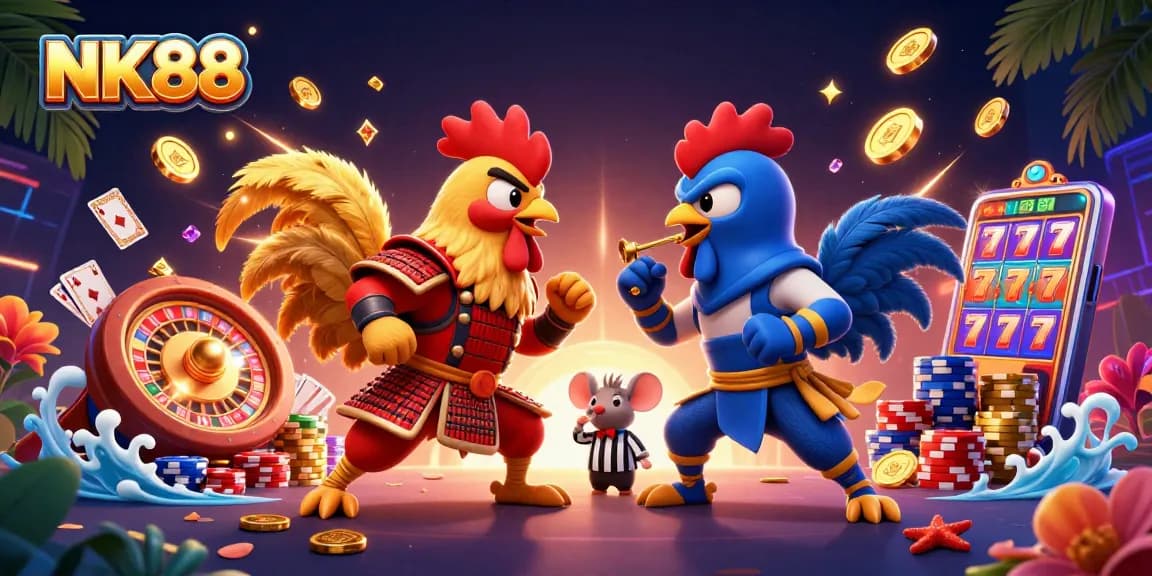 NK88 showcases a thrilling standoff between cartoon roosters amidst vibrant casino elements.