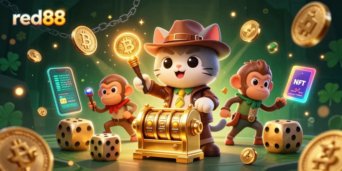 Experience the thrill of red88 with a vibrant illustration of a cat explorer uncovering casino treasures.