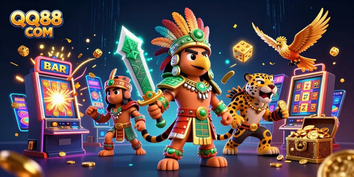 Spin slots and win big with QQ88 COM, featuring epic warriors and casino elements in vibrant 3D art.
