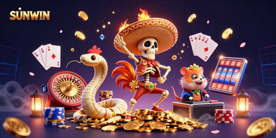 SUNWIN offers thrilling gaming experiences as the skeleton rooster celebrates victory with coins flying around.