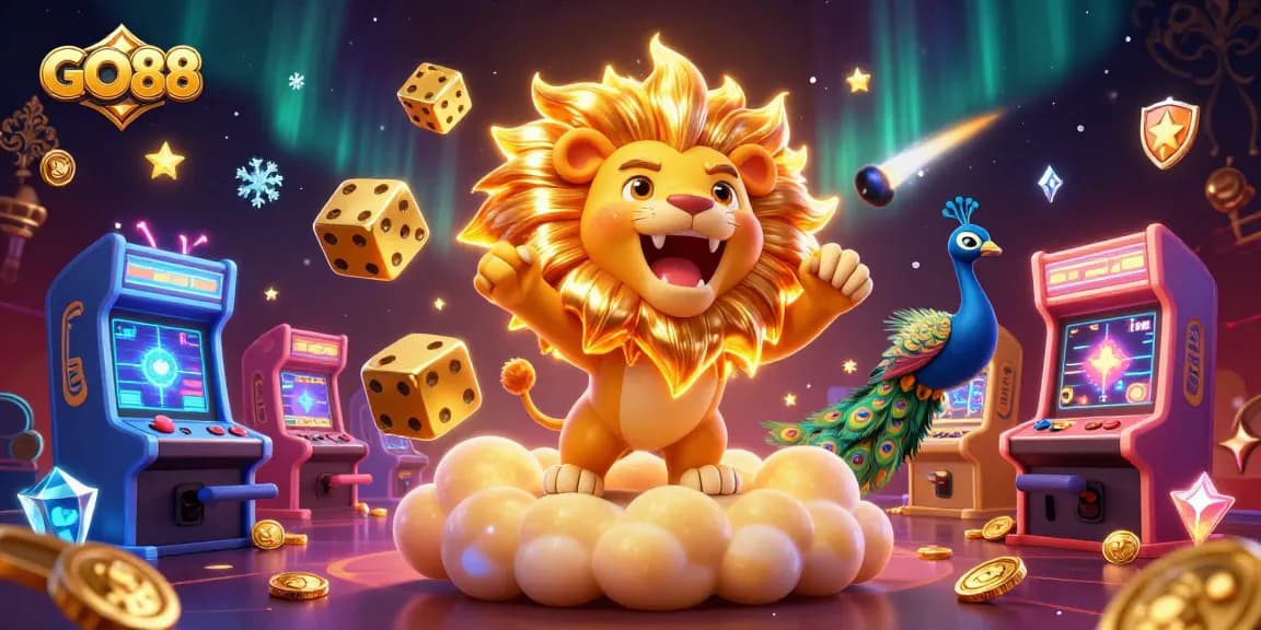 Experience the thrill of GO88 with a roaring lion and casino elements in a vibrant atmosphere.