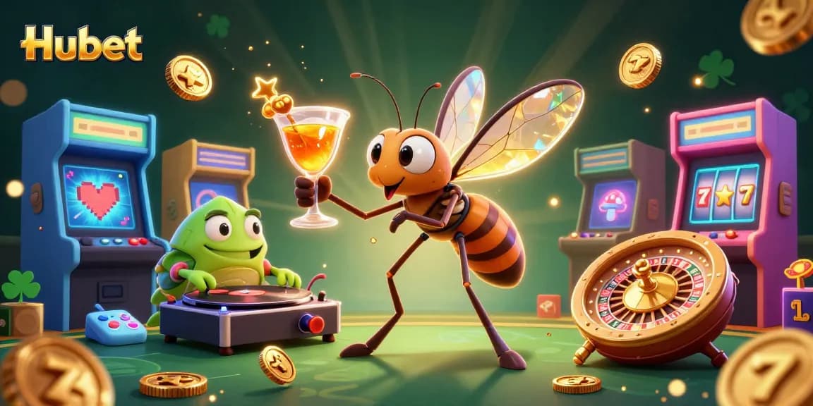 Engage with Hubet's vibrant casino world featuring a quirky frozen mosquito mascot and a trilobite DJ.