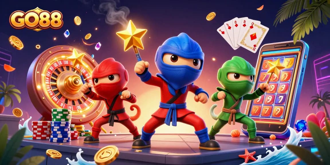 Engage with GO88's thrilling casino adventure featuring dynamic chameleons amidst spinning roulette and gold coins.