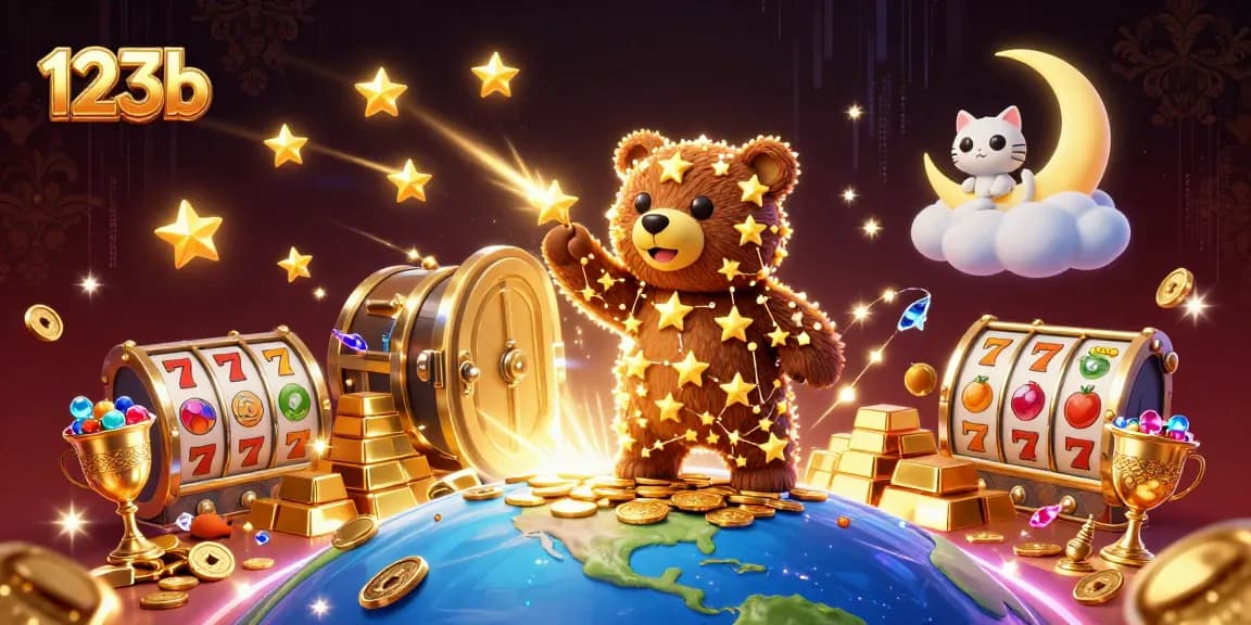 Experience thrilling wins with 123b in a vibrant 3D casino scene full of treasure.