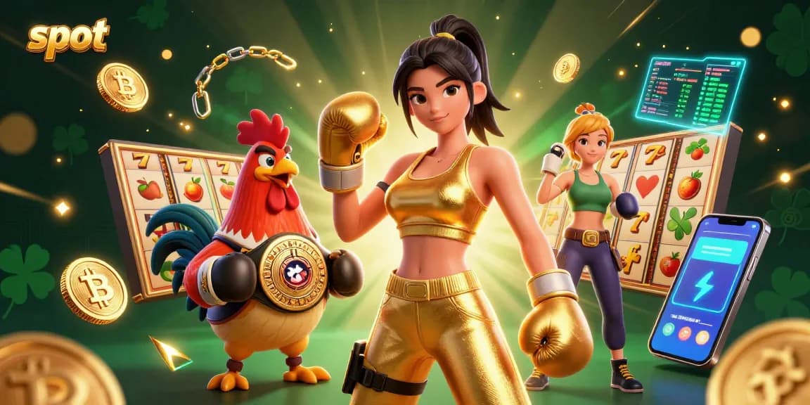Engage in thrilling slot gaming with illustrations of a sporty woman and a rooster champion amidst dynamic gaming elements.