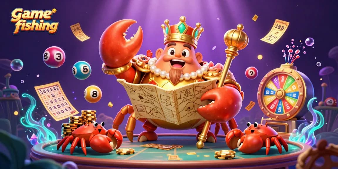Engage in game fishing excitement with a golden crab emperor and lottery elements in a vibrant underwater scene.