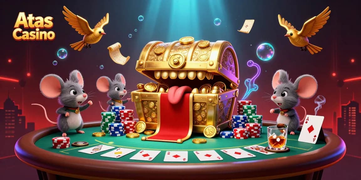 Experience Atas Casino's vibrant gameplay with adventurer mice lured by treasures in an engaging poker scene.