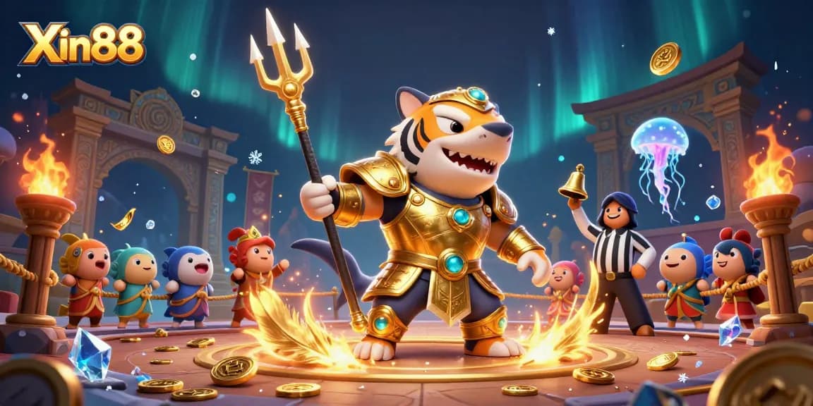Xin88 showcases fierce tiger shark in a vibrant underwater casino battle scene.