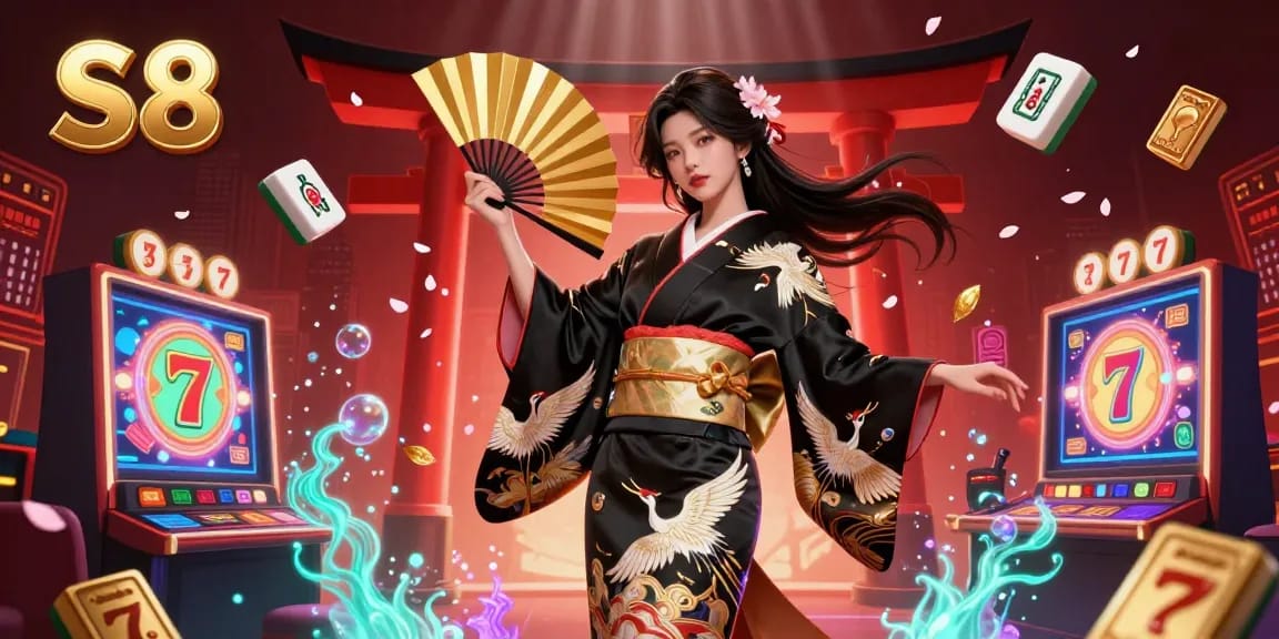 S8 casino experience featuring elegant Asian woman in kimono, jackpot elements and vibrant design details.