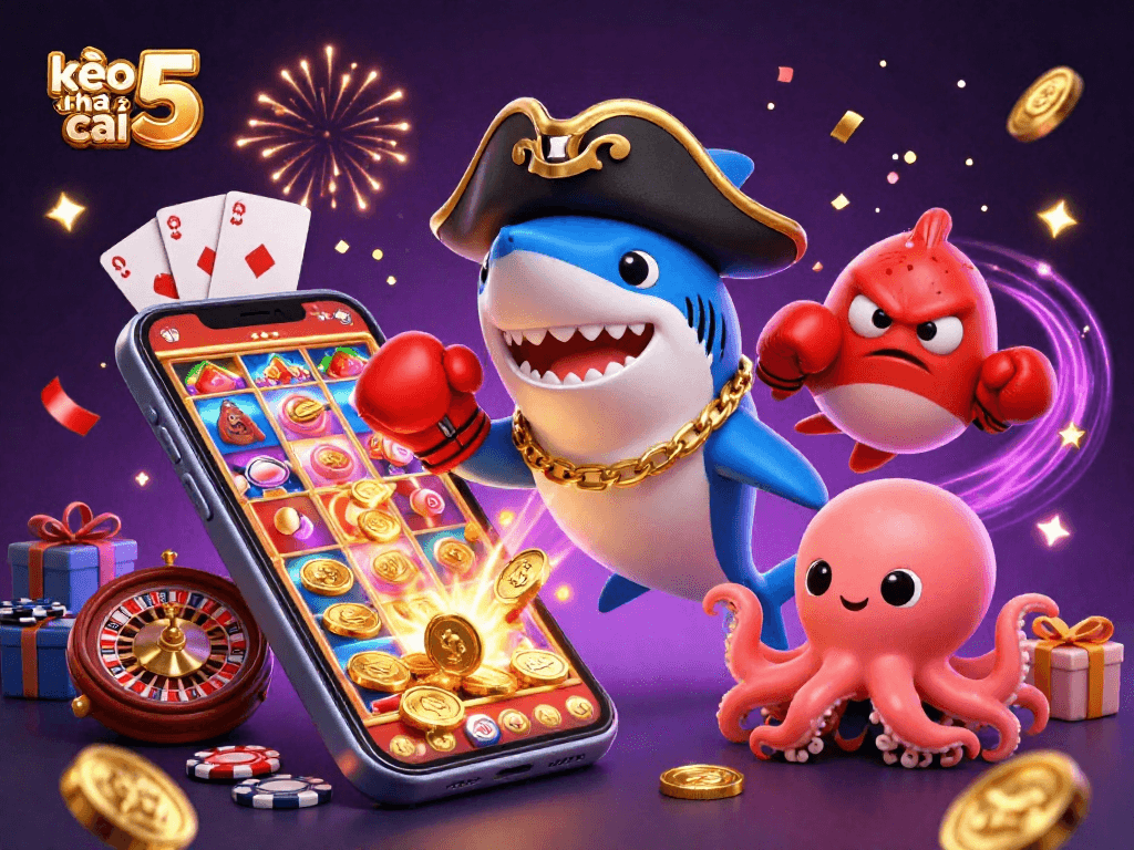 Engage with kèo nhà cái 5 as the cartoon pirate shark and friends celebrate with casino games.