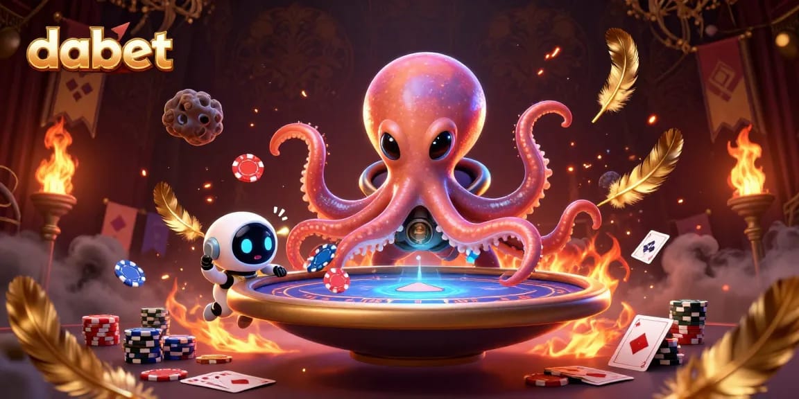 Dabet showcases a vibrant 3D illustration of alien characters engaged in a holographic poker game.
