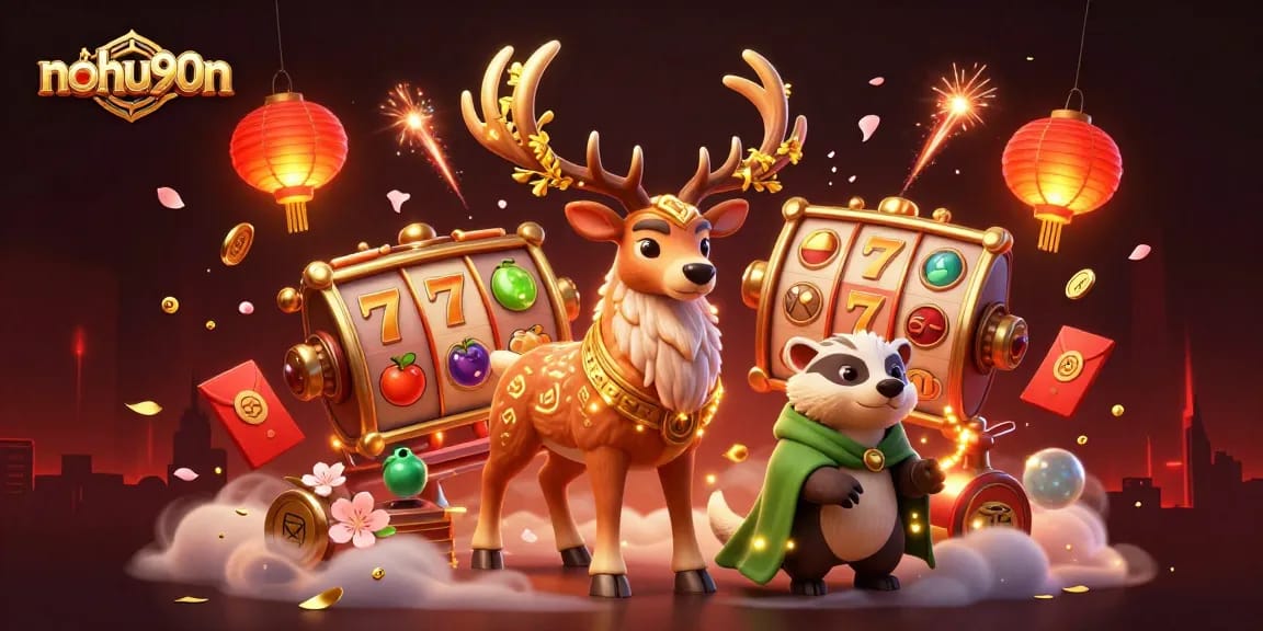 Experience excitement with nohu90n's dynamic casino elements including jackpot slots and mystical imagery.