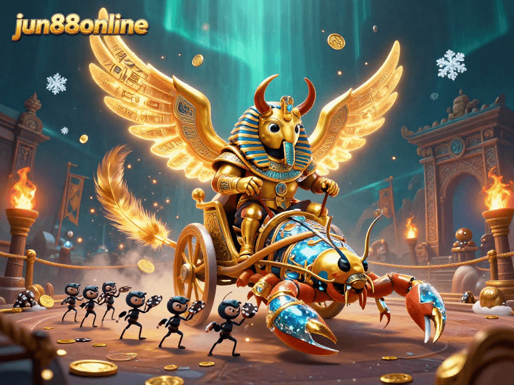 Engage with the vibrant jun88online casino scene featuring a golden scarab beetle in chariot with scorpions.