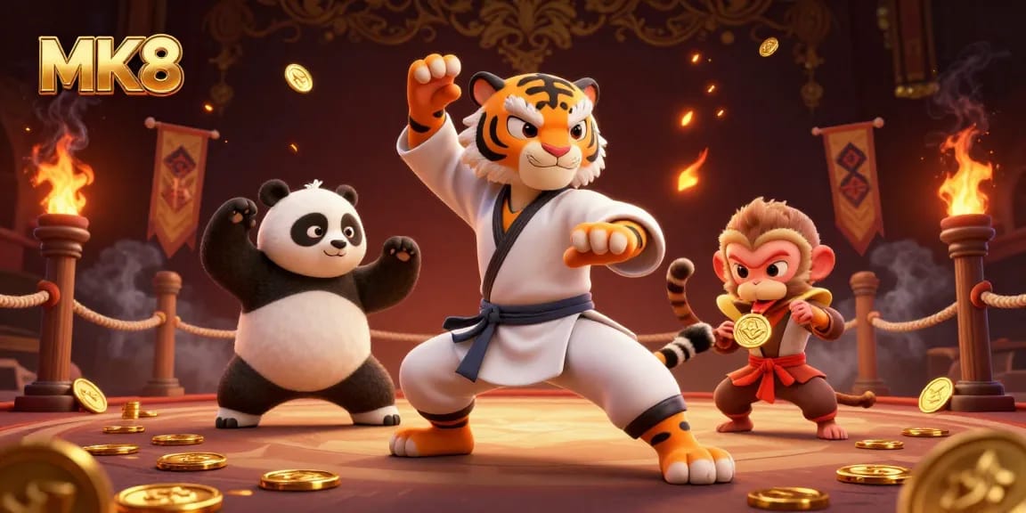 Bet on MK8's immersive experience with a kung fu tiger master in a dynamic casino setting.