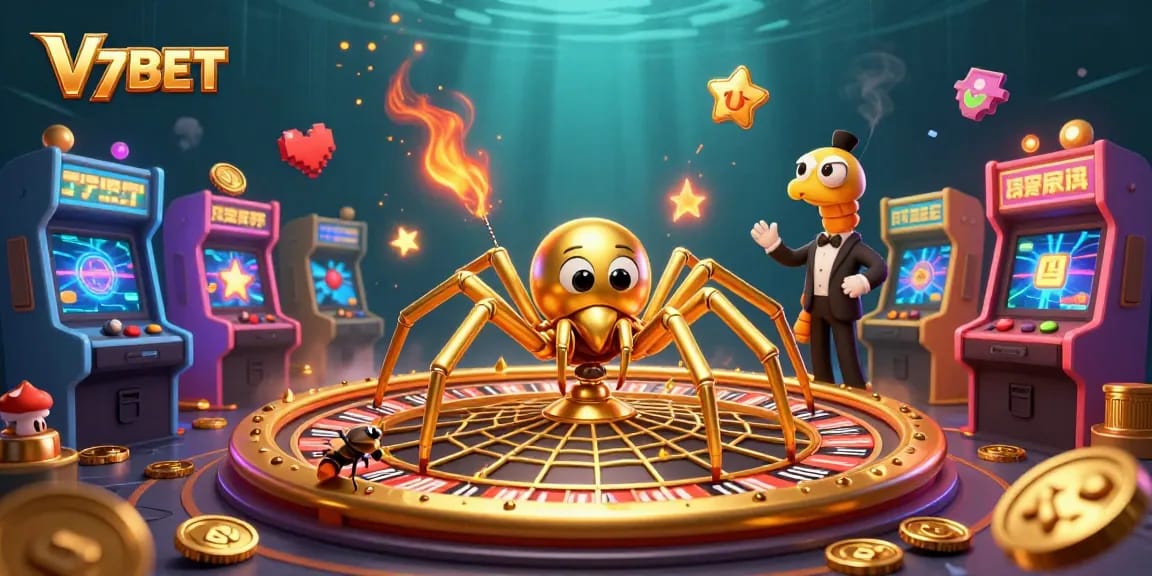 Place bets and win big with V7BET in this colorful 3D casino scene.