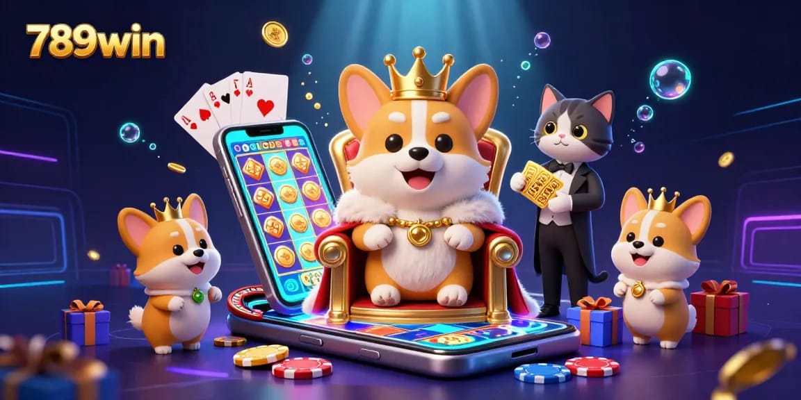 Play with 789win in a vibrant, engaging casino scene featuring a royal corgi and dynamic gaming elements.
