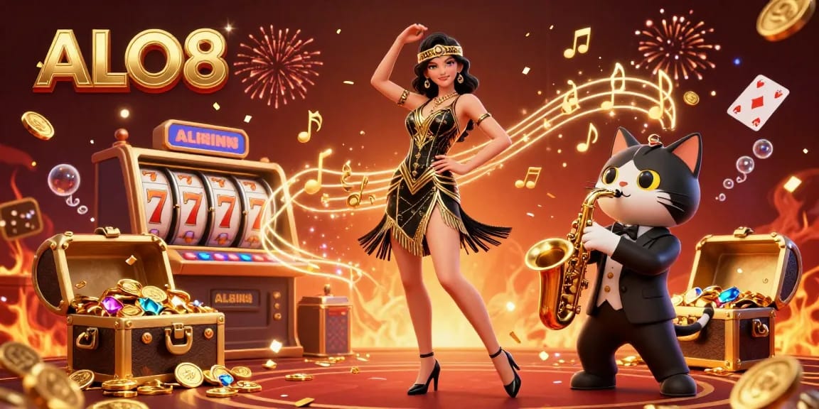 Experience the thrill of ALO8 with a dynamic illustration showcasing a flapper and a saxophone-playing cat in a vibrant casino scene.