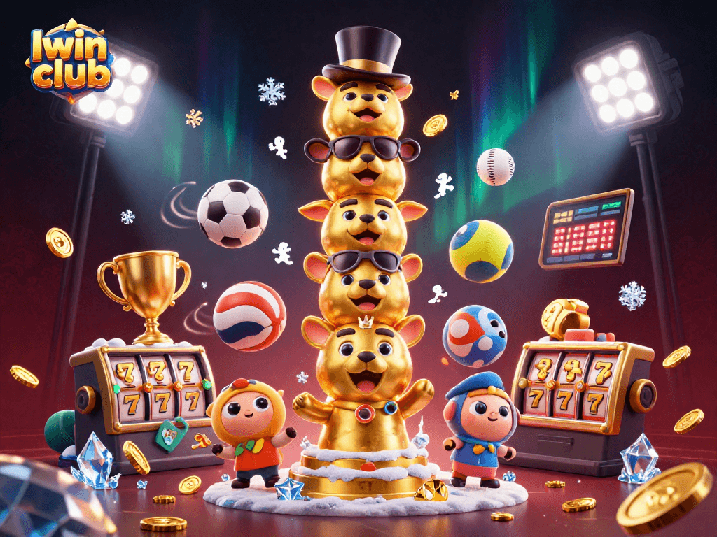 Experience thrilling wins at Iwin club with a dynamic 3D illustration of casino games and sports betting action.