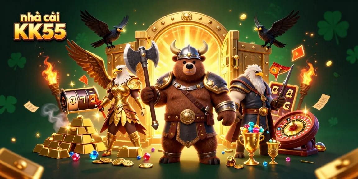 Action-packed scene showcasing nhà cái KK55 with epic Viking characters and gold treasures in a casino setting.