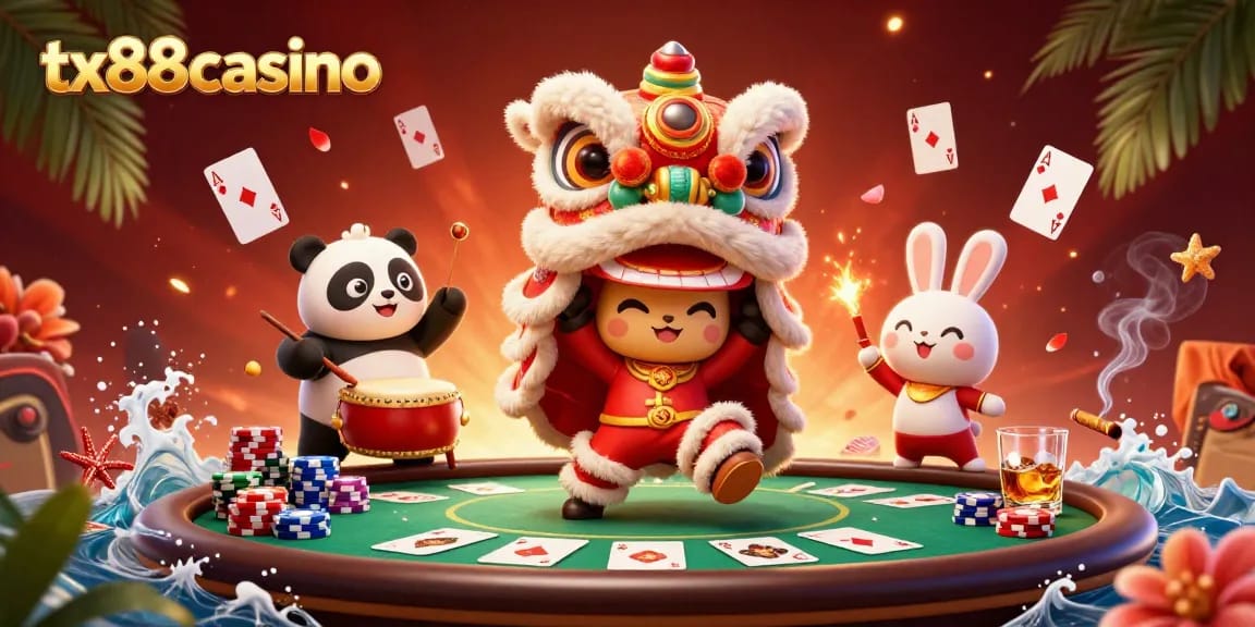 Experience excitement at tx88casino with a vibrant lion dance and poker table scene.