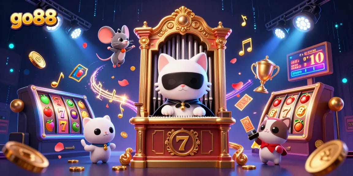Experience exciting slots at go88 with a charming white cat and mouse acrobat in a vibrant casino setting.