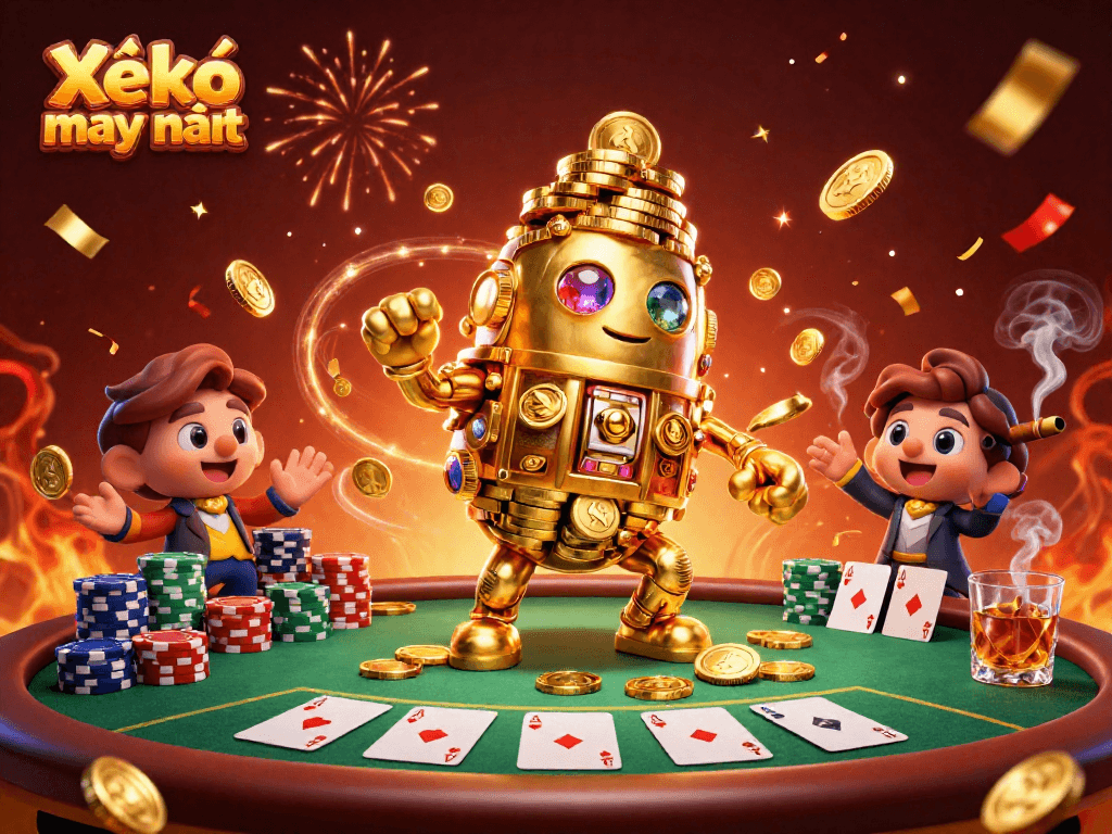 Experience the thrill of Xổ Số neko may mắn with an energetic gaming scene showcasing a golden golem and vibrant casino elements.