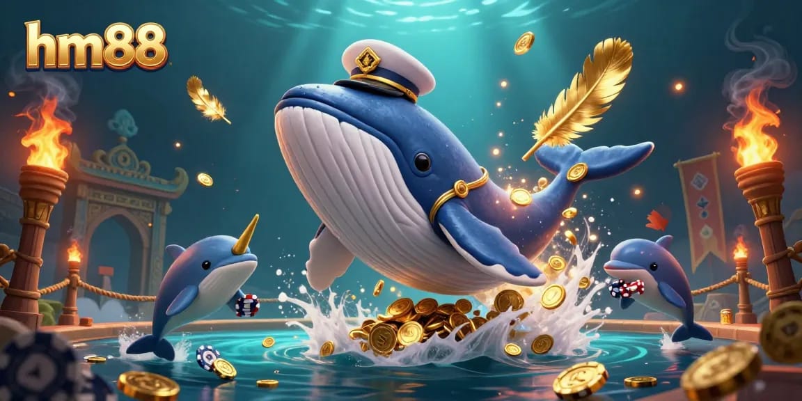 Join the excitement at hm88, where a captivating whale breaches in a sea of coins, representing online gaming thrills.