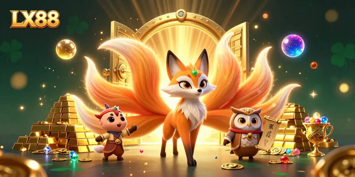 Immerse yourself with LX88 in this vibrant 3D casino scene showcasing multiple treasures and characters.