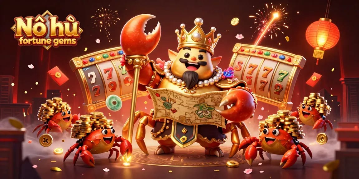 Experience the thrill of Nổ hũ fortune gems with a captivating illustration featuring a golden crab emperor and 3D slot game elements.