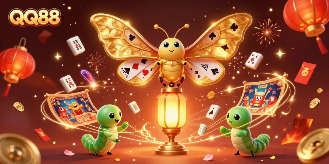 Experience the thrill of QQ88 with a vibrant digital casino scene featuring unique elements and characters.