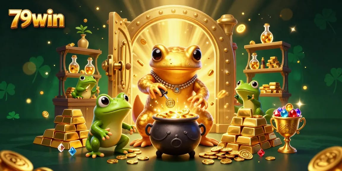 Engage with 79win and discover magical wins amidst gold coins and treasures in a vibrant casino scene.