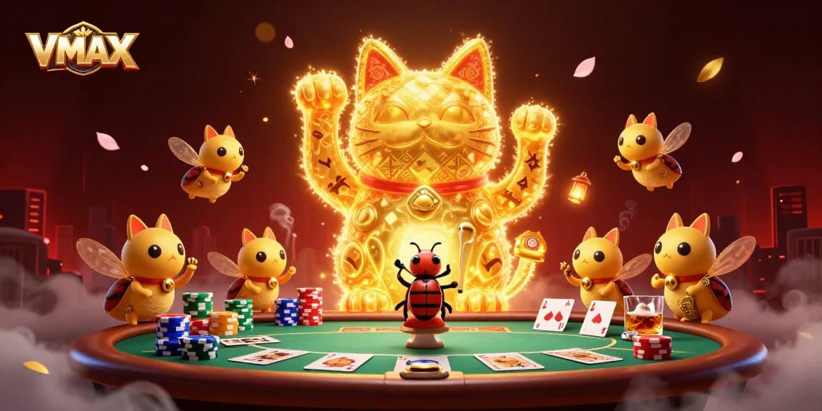 Engage with VMAX's vibrant casino atmosphere featuring a lucky cat and casino symbols.