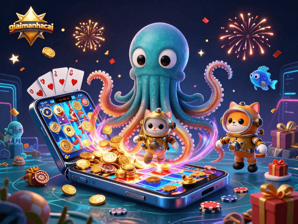Engage with giaimanhacai's thrilling 3D casino adventure featuring a kraken, diving cat, and vibrant game elements.